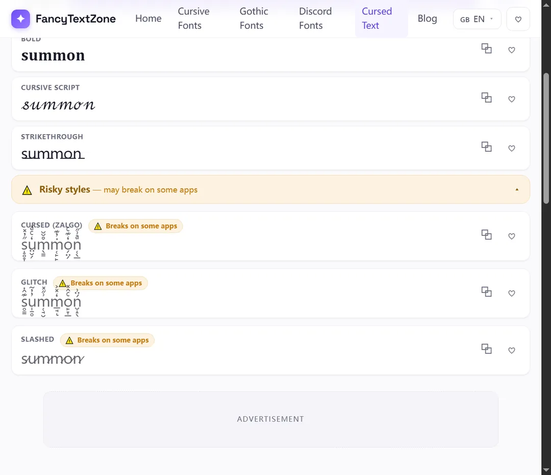 The cursed text generator rendering the word “summon” as Zalgo at the maximum “Heavy” strength — combining marks stacked above and below each letter — with the style flagged “Breaks on some apps”