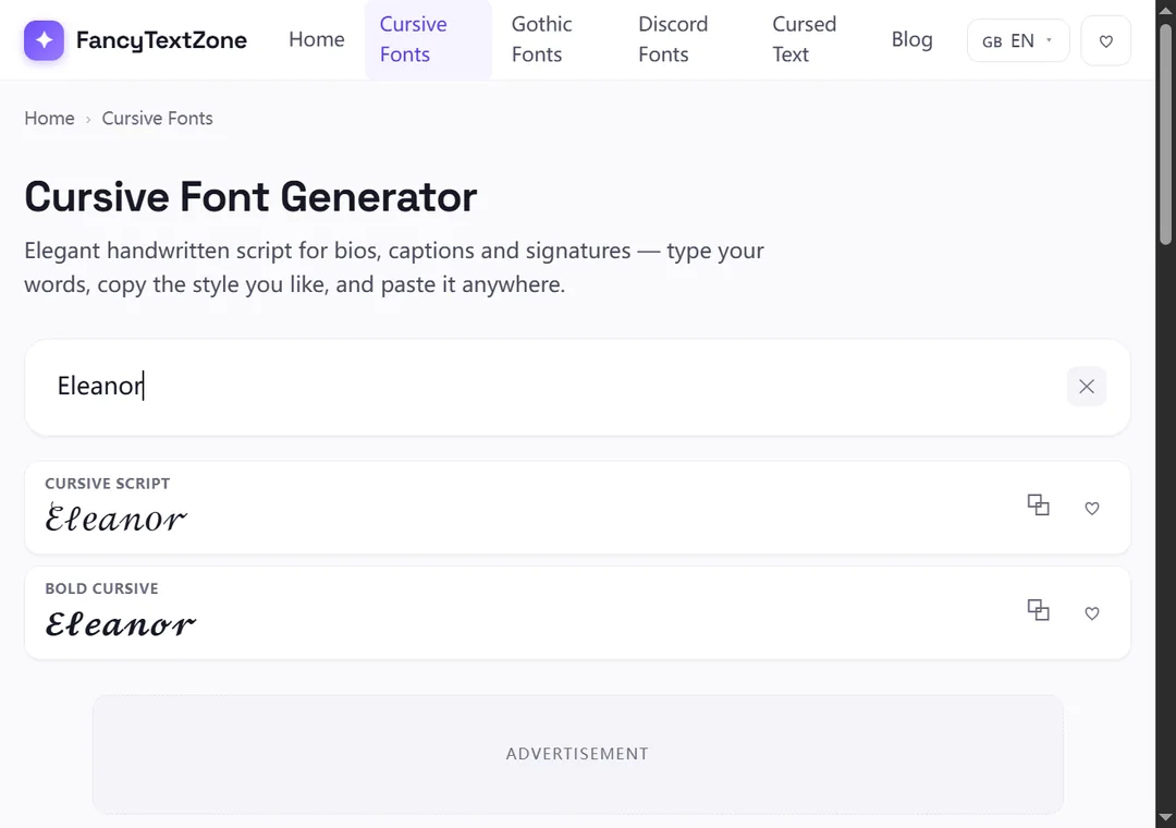 The cursive font generator turning the name “Eleanor” into regular Cursive Script and Bold Cursive, with the reused letters E, e and o rendering correctly in script