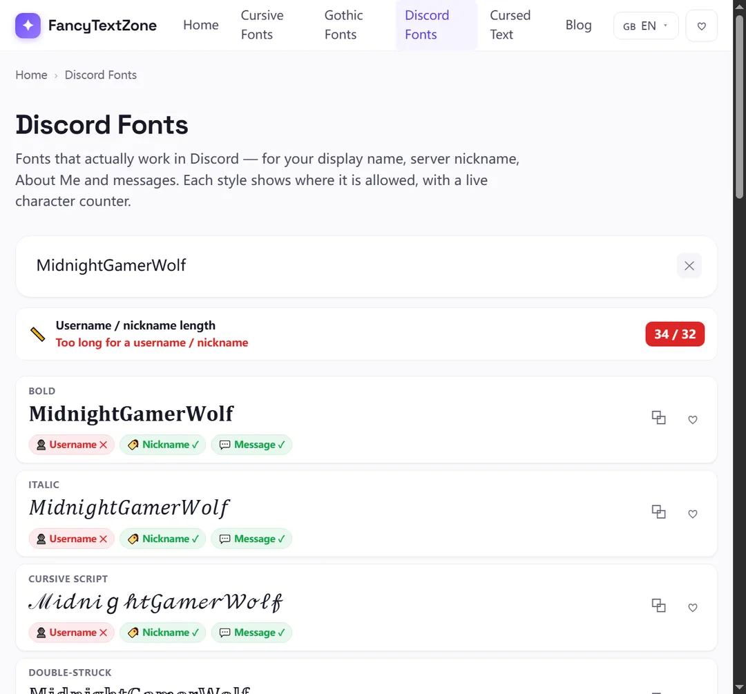 The Discord fonts tool: a 17-letter name counted as 34 of 32 with a red “too long for a username / nickname” warning, and Username, Nickname and Message tags on each style