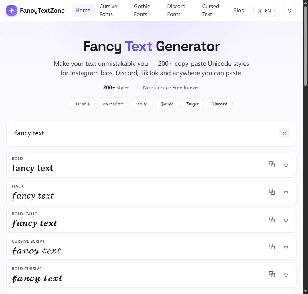 The FancyTextZone generator turning the words “fancy text” into bold, italic, bold italic, cursive script and other Unicode styles