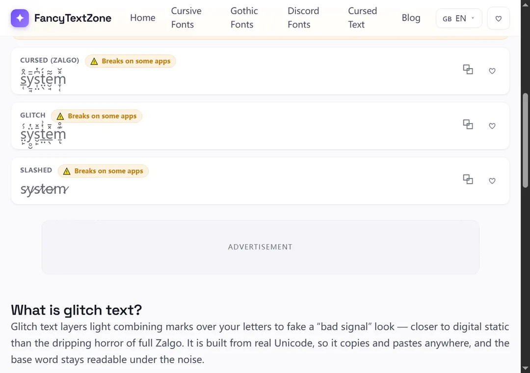 The same word “system” shown as Cursed/Zalgo (heavy stacked marks), Glitch (a lighter scatter of marks) and Slashed, each flagged “Breaks on some apps”