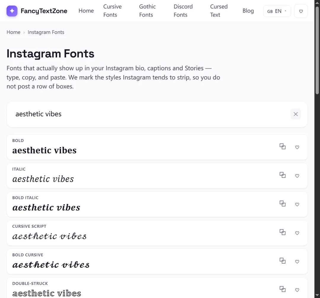 The Instagram fonts generator showing the phrase “aesthetic vibes” in bold, italic, bold italic, cursive script and double-struck styles ready to copy into a bio