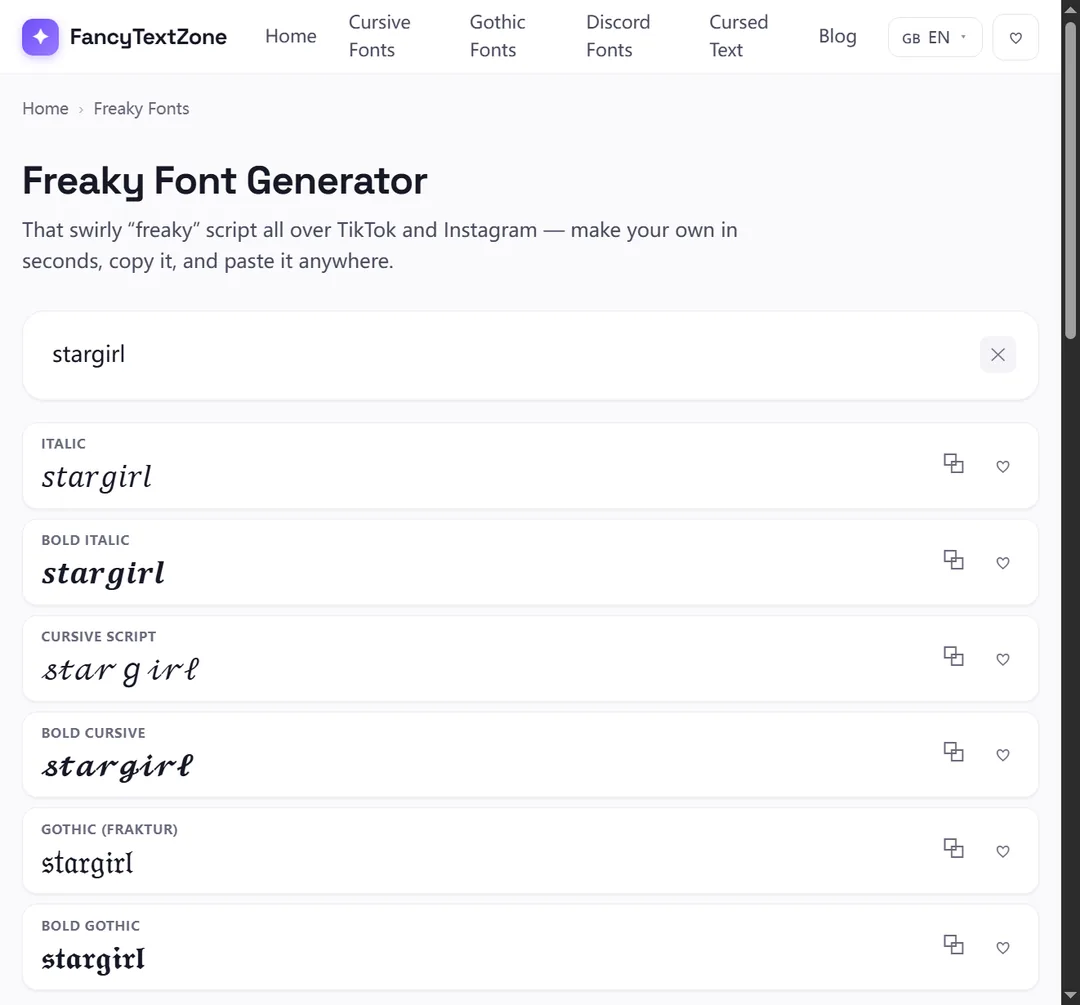 The freaky font generator turning the name “stargirl” into italic, bold italic, cursive script, bold cursive and gothic styles — the swirly script look common on TikTok