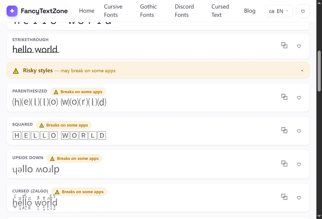 The weird text generator showing “hello world” turned into upside-down text (pꞁɹoʍ ollǝɥ) alongside parenthesized, squared and zalgo styles, each flagged “Breaks on some apps”
